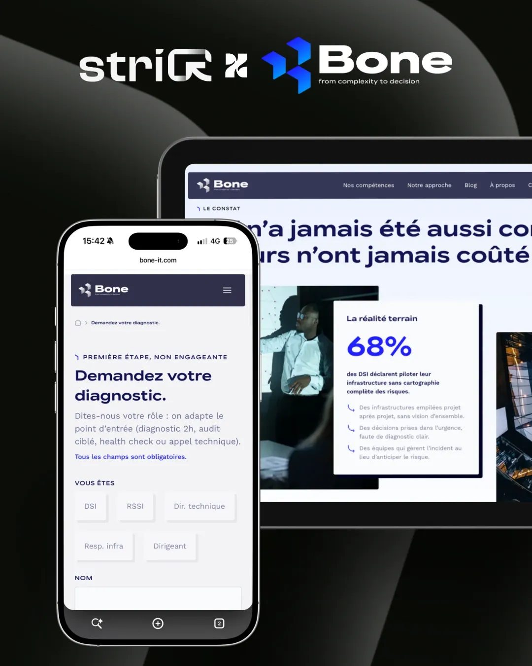Le formulaire « Demandez votre diagnostic » de BONE IT sur téléphone, devant une page du site affichée sur tablette.