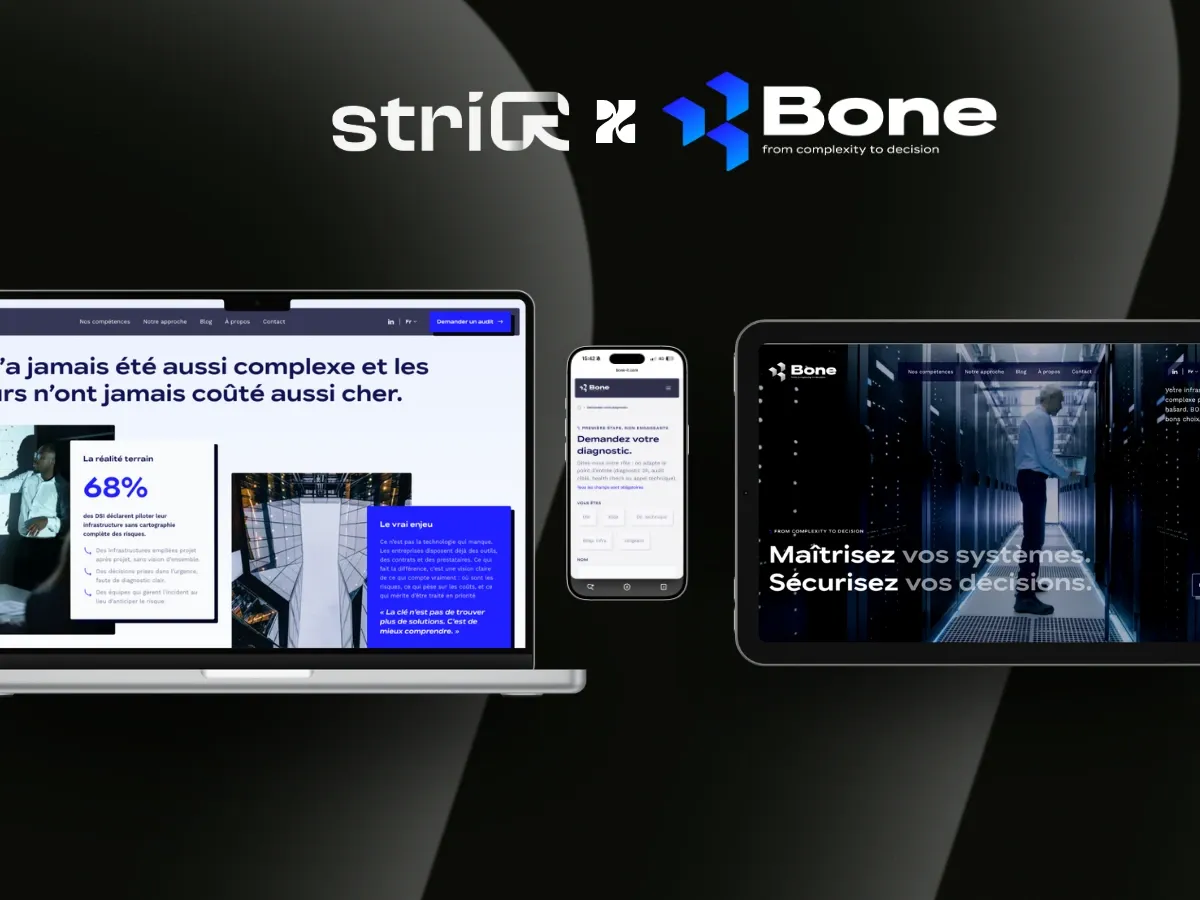 Le site BONE IT présenté sur ordinateur portable, téléphone et tablette, sous le cartouche StriQ x Bone.